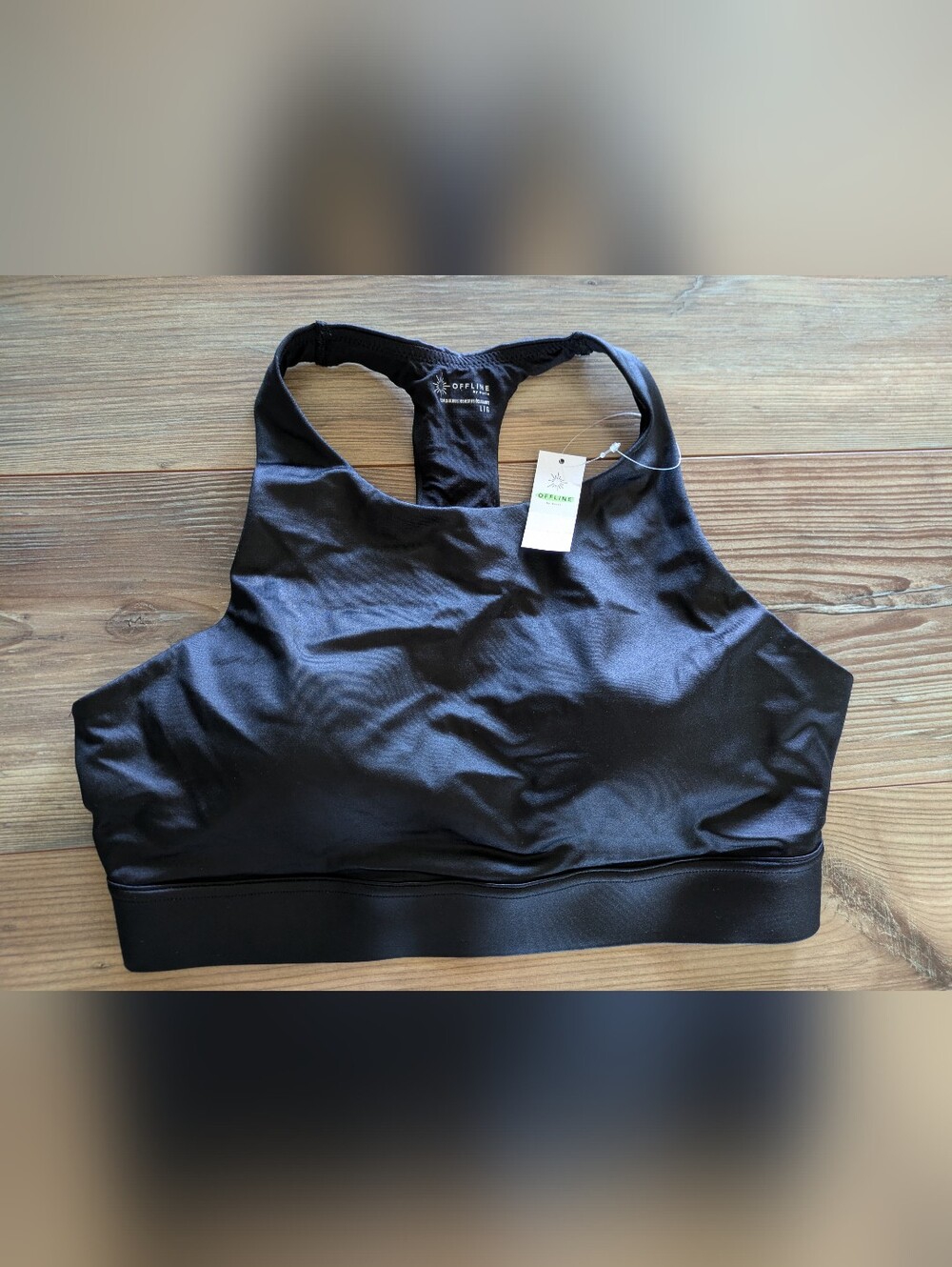 OFFLINE By Aerie Goals Gloss High Neck Open Racer Back Sports Bra Black LRG NWT